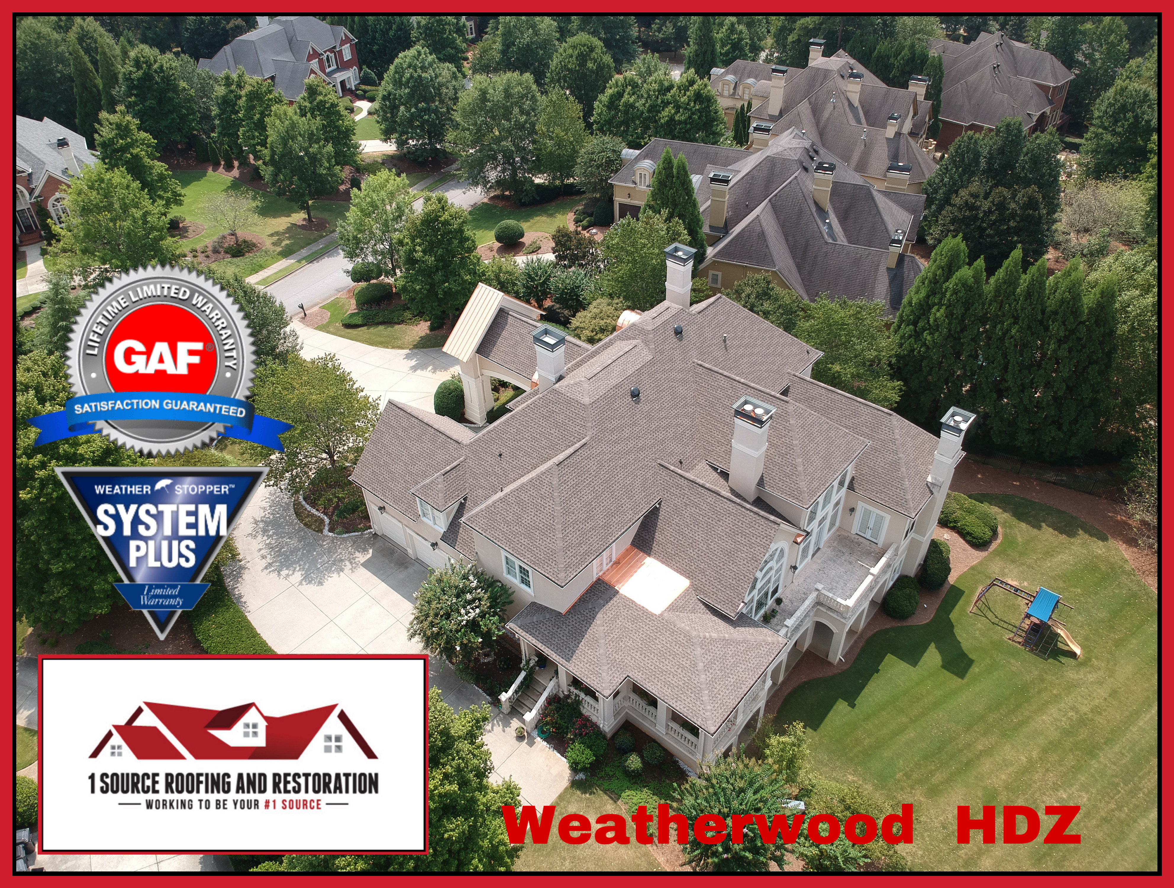 Weatherwood residential roof with flat-roof BUR transition section on metro Atlanta home